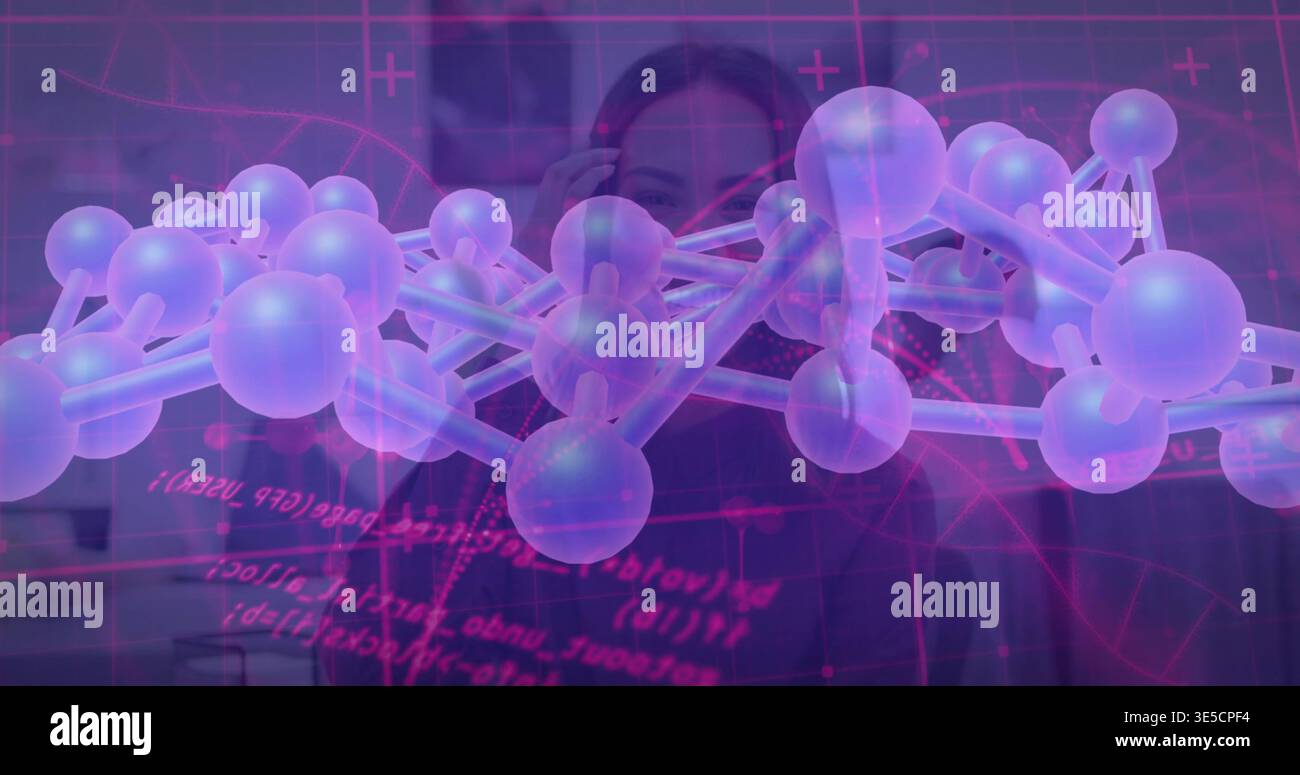 Osservare due scienziati che indossano abiti scuri regolando la molecola olografica in laboratorio con il codice Foto Stock