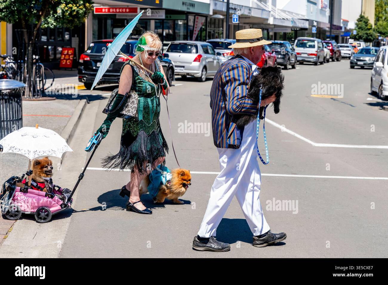 Gente del posto in costume Art Deco che cammina con i cani da compagnia durante il Napier Art Deco Festival, Napier, Hawke's Bay, nuova Zelanda Foto Stock