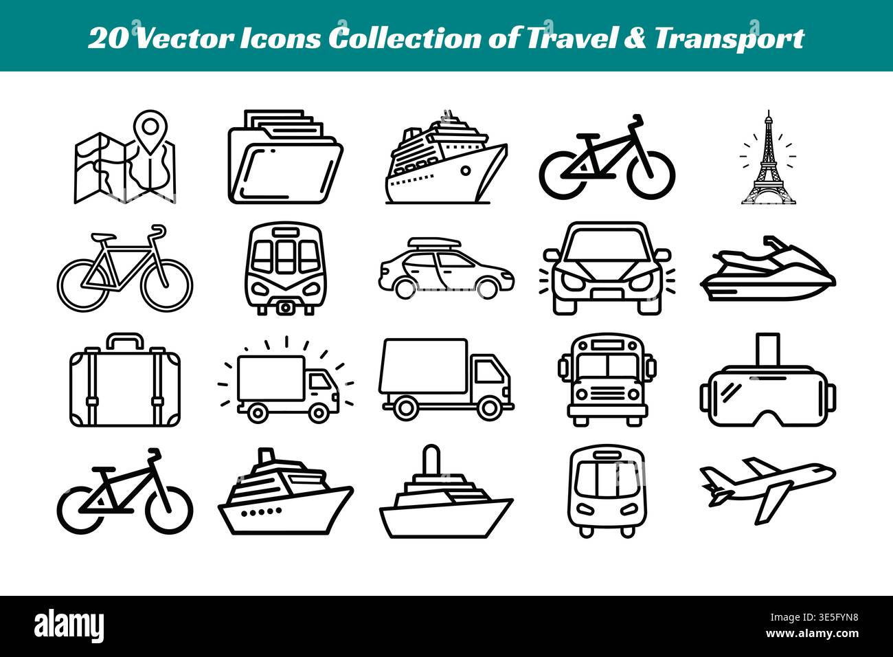 Questa immagine mostra una serie diversificata di venti icone vettoriali che rappresentano diverse modalità di viaggio e trasporto. Le icone includono biciclette, auto, Illustrazione Vettoriale