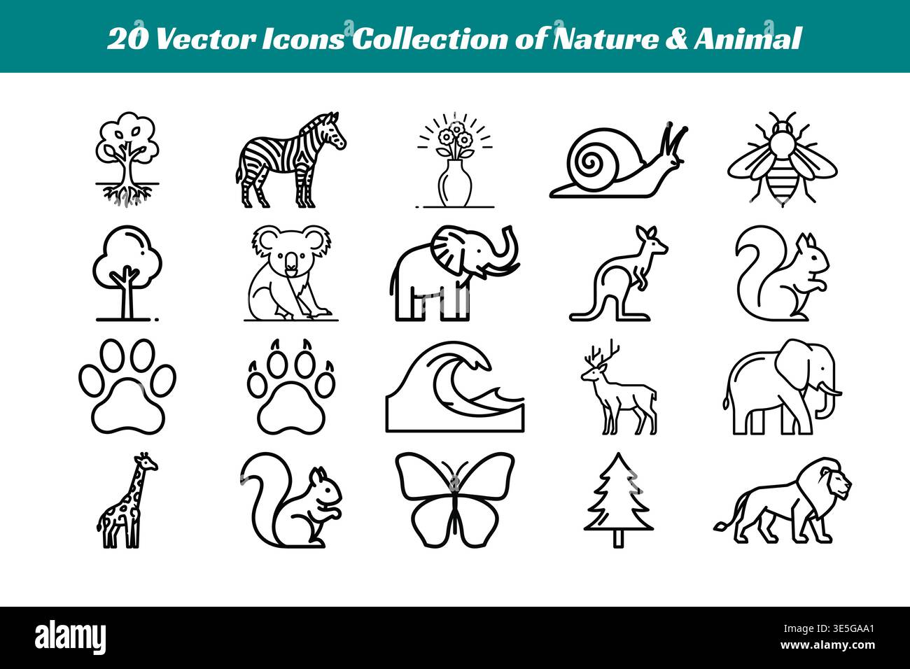 Questa immagine mostra una serie diversificata di venti icone vettoriali con vari elementi della natura e degli animali. Le icone includono una varietà di animali suc Illustrazione Vettoriale
