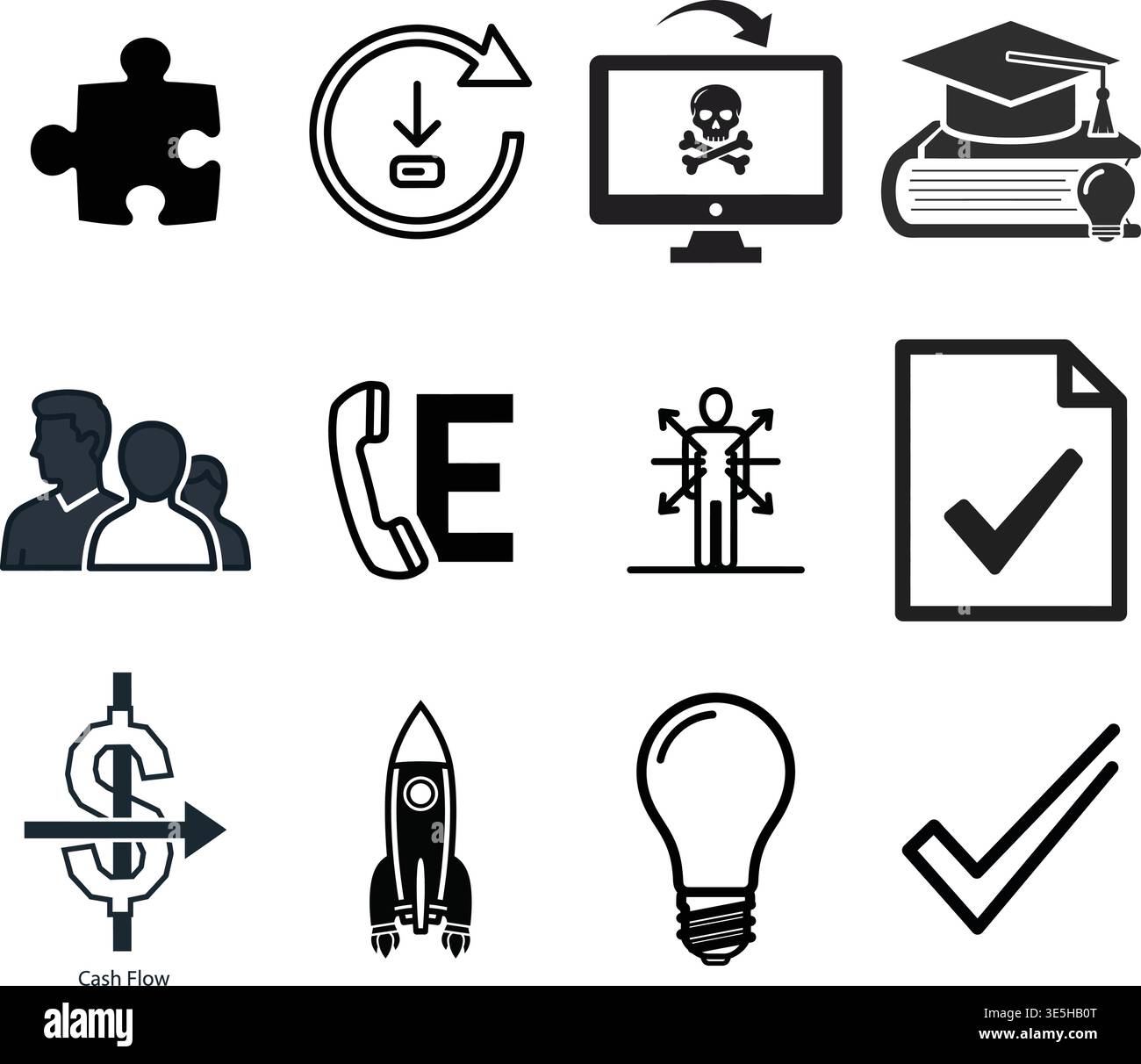 Set di icone nere che illustrano business, comunicazione e crescita Illustrazione Vettoriale