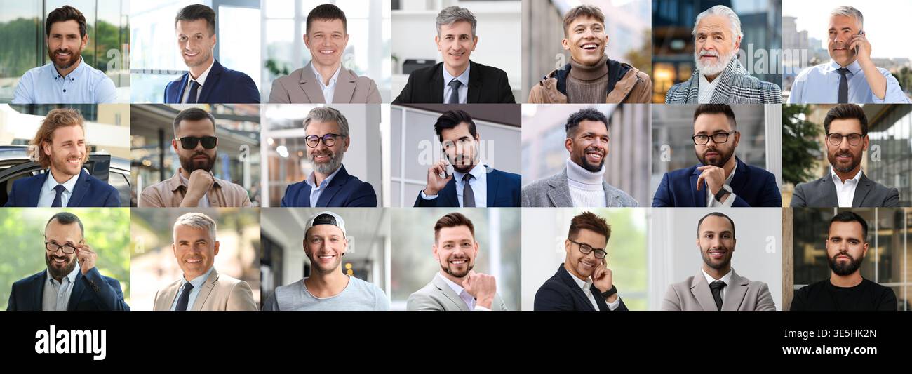 Uomini di età diverse. Ampia collezione di ritratti maschili Foto Stock