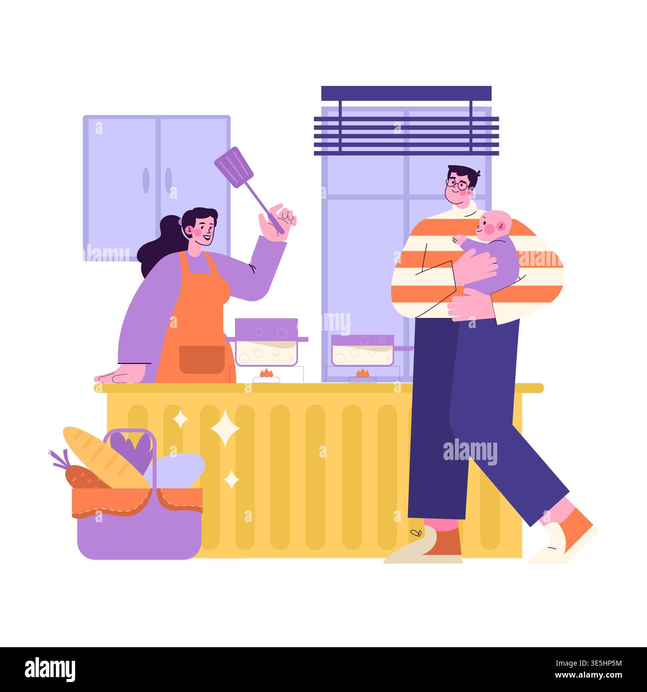 Famiglia che trascorre del tempo insieme in cucina, con un membro che cucina e l'altro che tiene un bambino. Atmosfera calda, preparazione di un pasto condiviso. Illustrazione vettoriale. Illustrazione Vettoriale