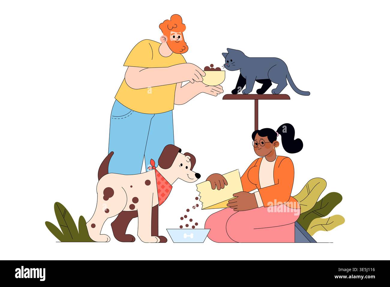 Illustrazione vettoriale di due persone che nutrono un gatto e un cane. Una persona versa il cibo in una ciotola per il cane, mentre l'altra contiene una ciotola per il gatto. Visualizzazione del lavoro di squadra e della cura degli animali domestici. Illustrazione Vettoriale