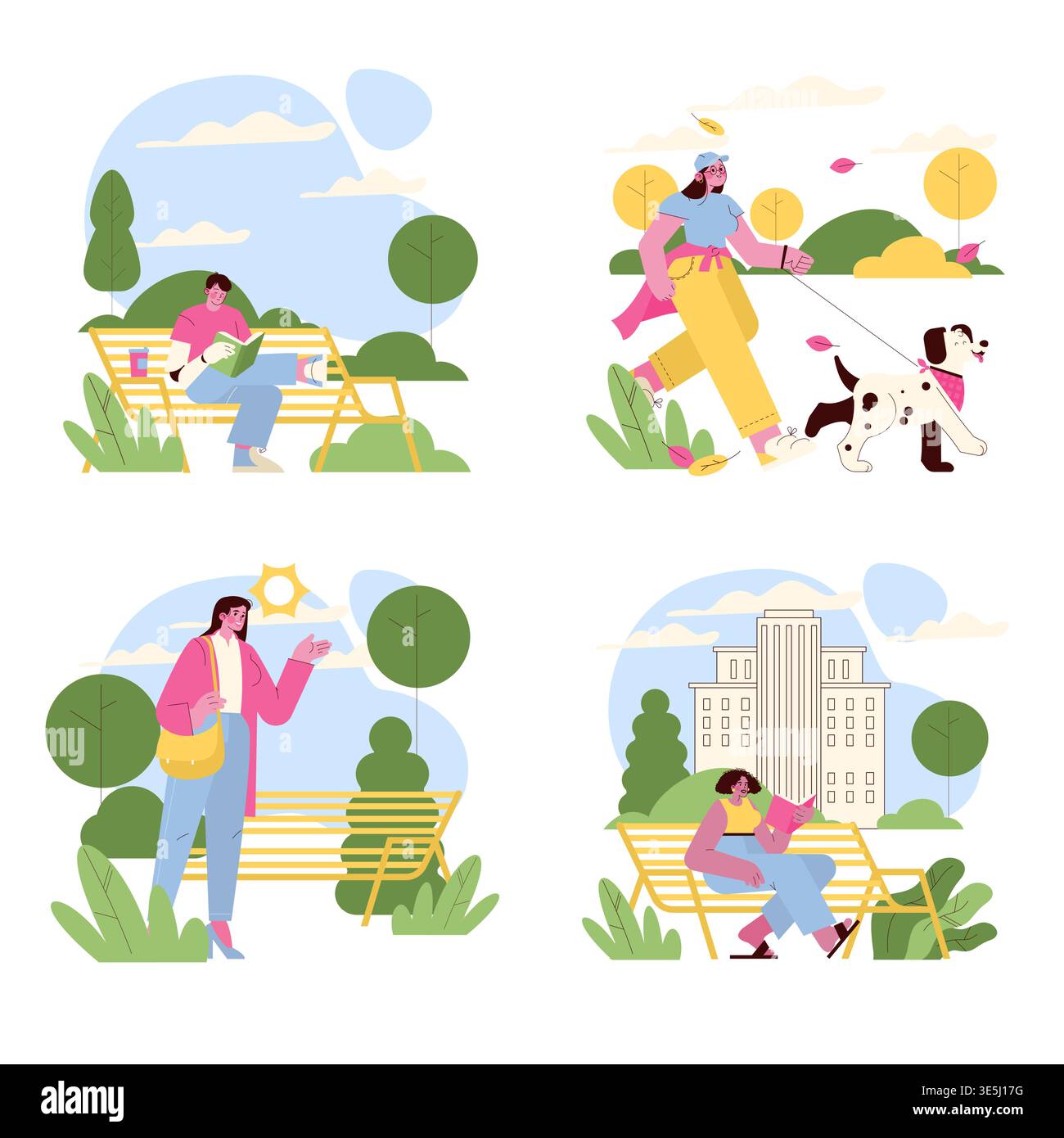 Illustrazione vettoriale colorata che mostra le persone coinvolte in varie attività del parco. Le scene includono la lettura su una panchina, camminare con un cane, godersi il sole e sedersi accanto a un edificio. Illustrazione Vettoriale
