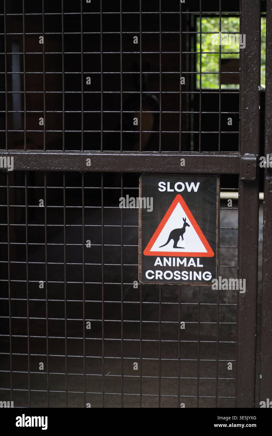 Il cartello avverte dell'attraversamento di animali in uno zoo Foto Stock
