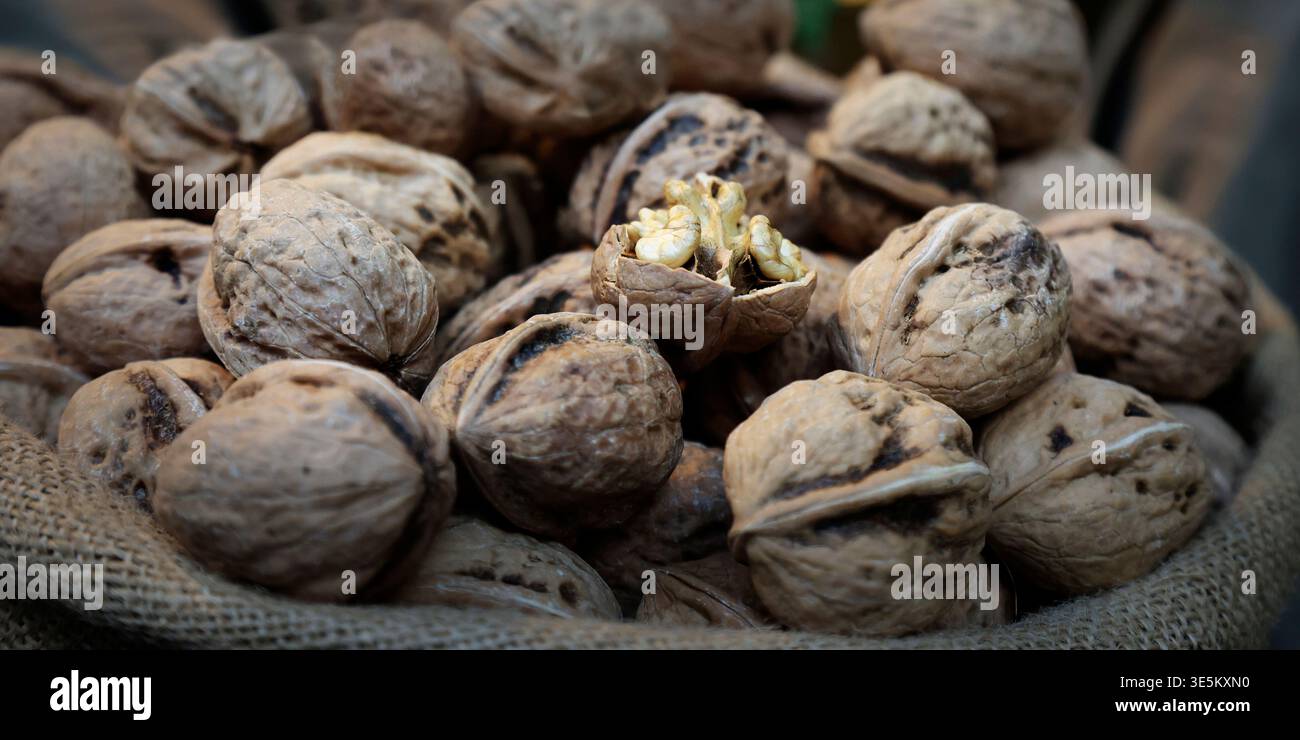 Primo piano di noci fresche in sacco di bavaglio con una spaccata aperta che mostra il nocciolo Foto Stock