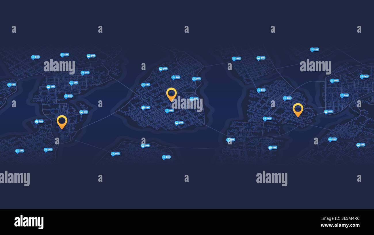 Mappa di navigazione GPS per il monitoraggio del noleggio di scooter elettrici, auto e biciclette con icone di stato della batteria. Illustrazione vettoriale Illustrazione Vettoriale