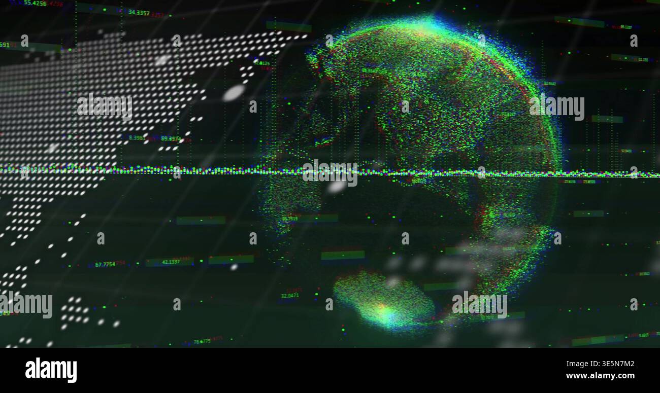 Globo rotante basato su particelle che mostra nuvola di punti RGB all'HUD virtuale, con mappa tratteggiata e linea di scansione Foto Stock