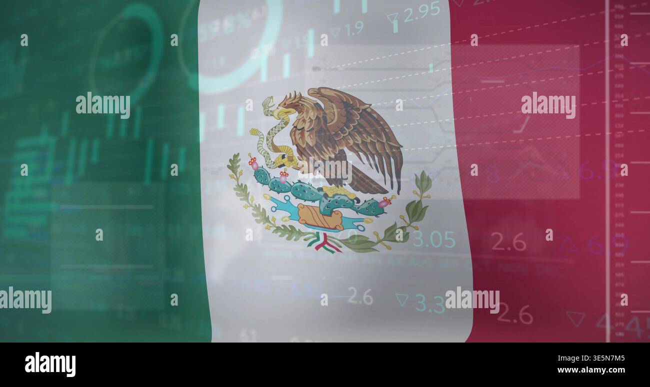Mostra la bandiera messicana con lo stemma dell'aquila serpente cactus, grafici sovrapposti figure figure frecce Foto Stock