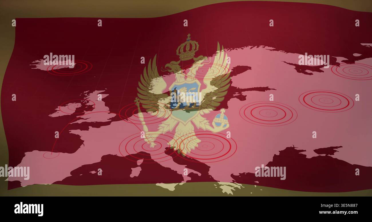 Mostra un'aquila a due teste coronata con scudo sulla mappa dell'Europa con marcatori rossi, griglia, bordo arricciato Foto Stock