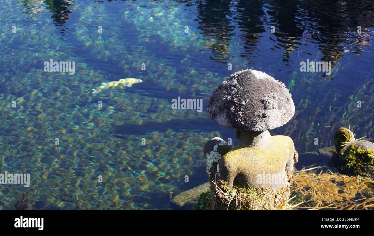 Tradizionale statua in pietra che si affaccia sulle acque cristalline con pesci nuotati a Oshino Hakkai, che mostra la pacifica cultura giapponese e la natura incontaminata Foto Stock