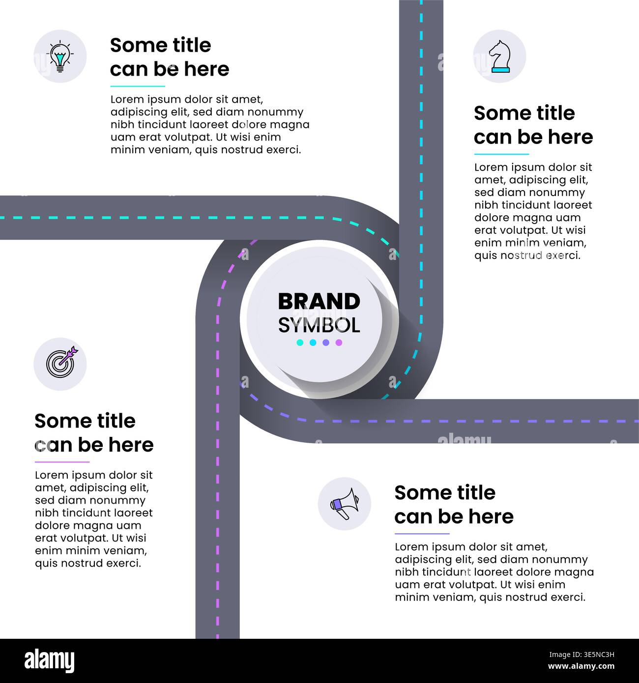 Modello infografico con icone e 4 opzioni o passaggi. Strada. Può essere utilizzato per il layout del flusso di lavoro, il diagramma, il banner, il webdesign. Illustrazione vettoriale Illustrazione Vettoriale