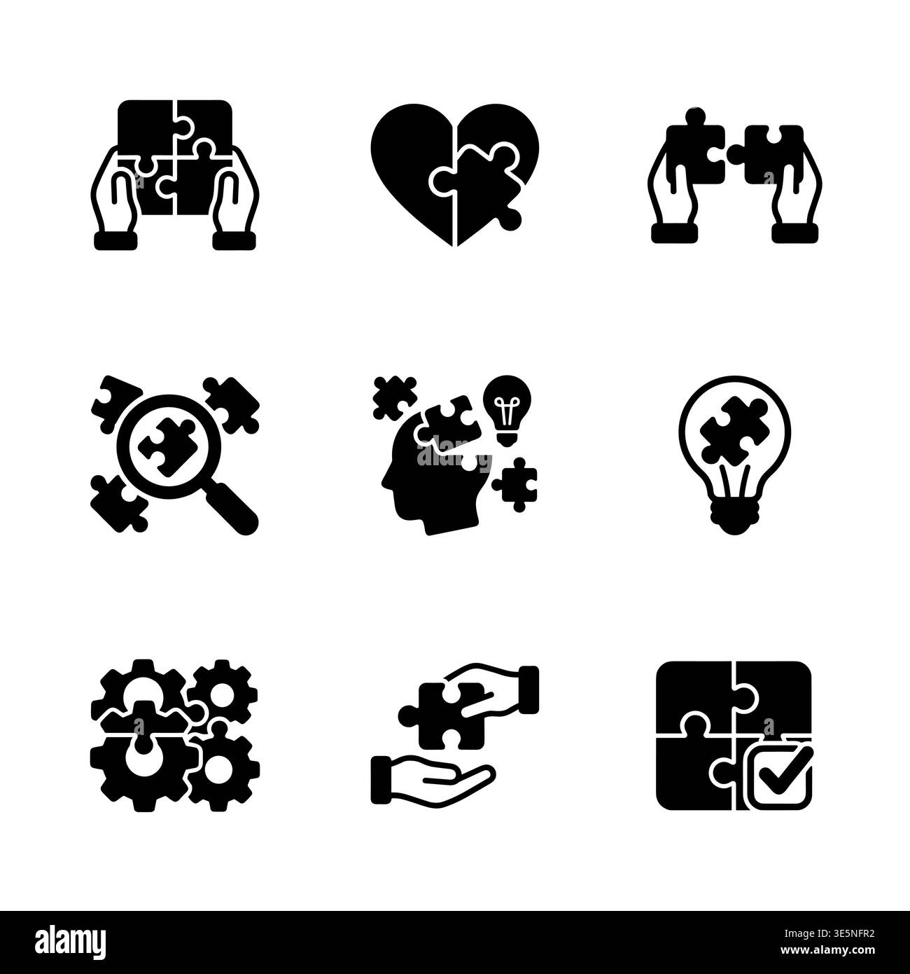 Set di icone a forma di glifo nero, lavoro di squadra e risoluzione dei problemi Illustrazione Vettoriale