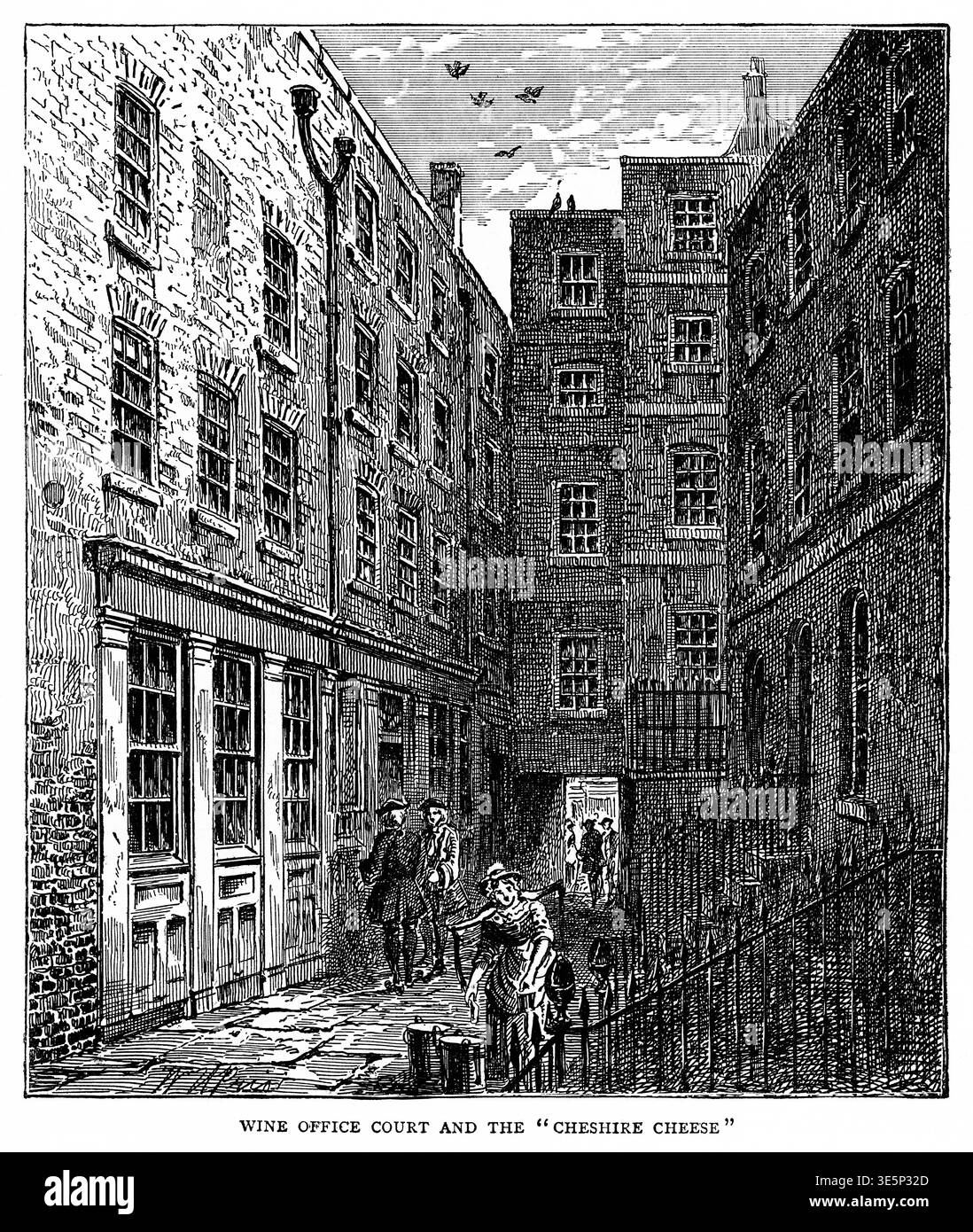 Un'incisione del XIX secolo di Wine Office Court, City of London, sede del Cheshire Cheese Public House. Conosciuto per le sue associazioni letterarie, il pub fu ricostruito dopo il grande incendio del 1666. Foto Stock
