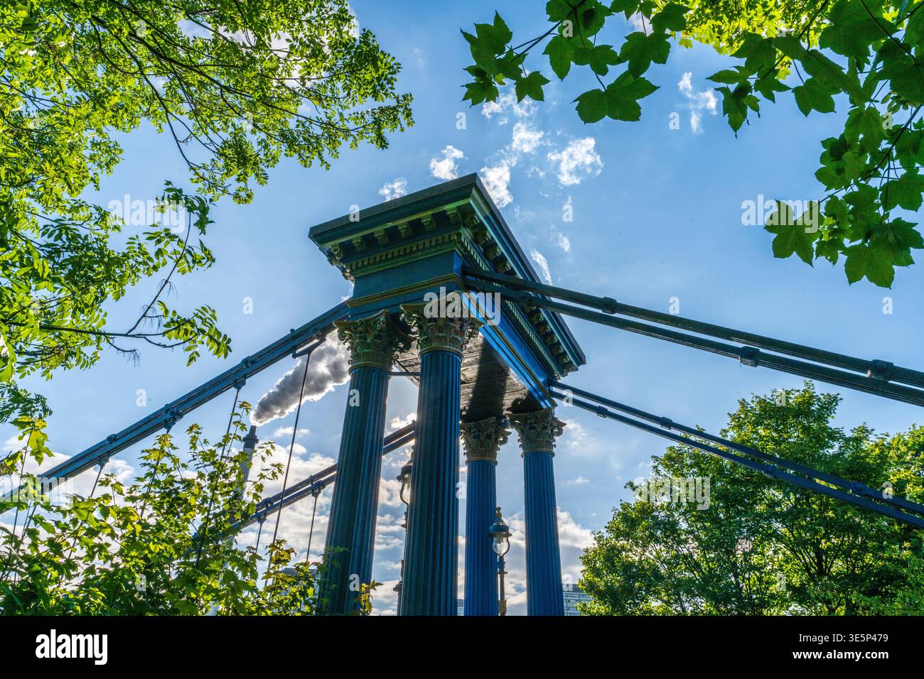 Una vista dall'angolo basso delle colonne e dei cavi classici di un ponte sospeso incorniciati da alberi frondosi e dal cielo blu brillante, combinando architettura urbana e motore Foto Stock