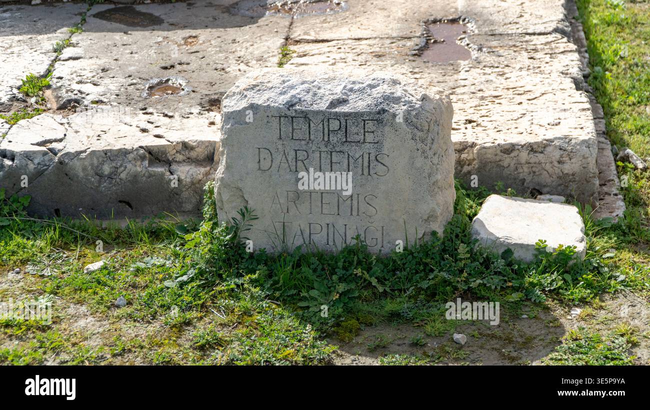 Lapide bilingue con iscrizione al Tempio di Artemide in francese e turco, incastonato tra antiche pietre di pavimentazione e erba selvatica nell'antica città di Letoon, Histo Foto Stock