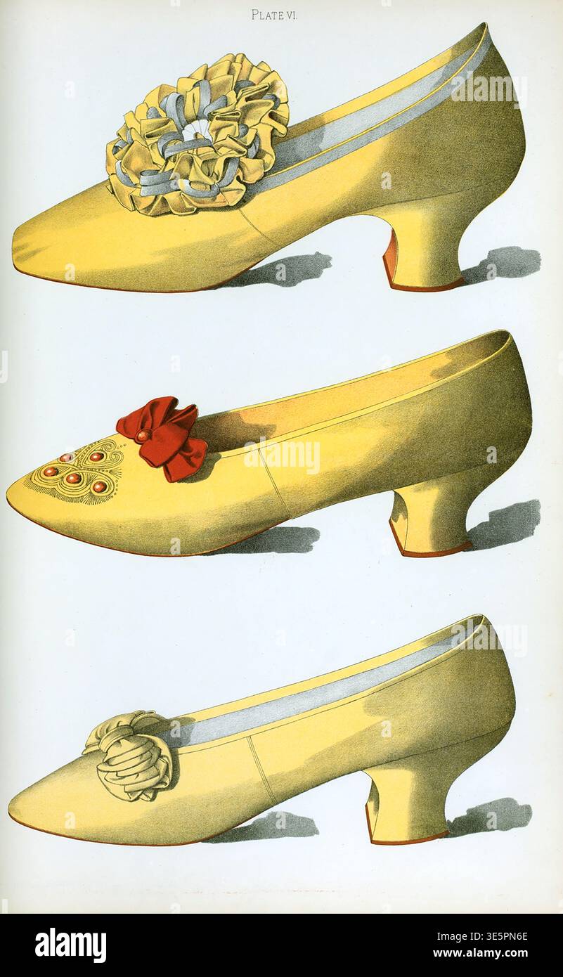 Due scarpe in raso giallo, la prima indossata sul palco dall'attrice Miss Ada Cavendish, e una scarpa color paglia (1900) Thomas Watson Greig Foto Stock