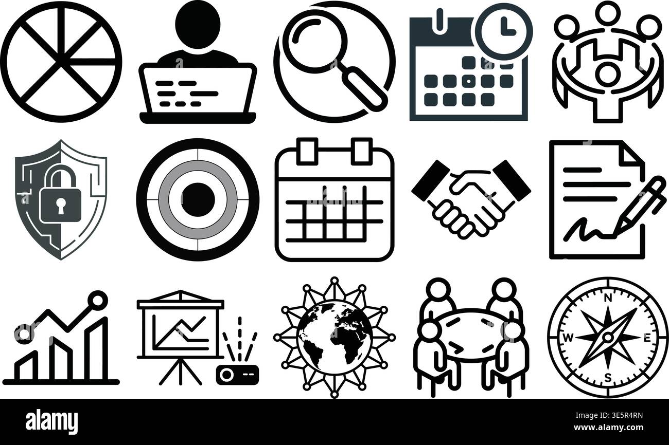 Set di icone di business e produttività diversificate con strumenti tecnologici concetti di gestione e simboli di lavoro di squadra isolati su sfondo trasparente Illustrazione Vettoriale