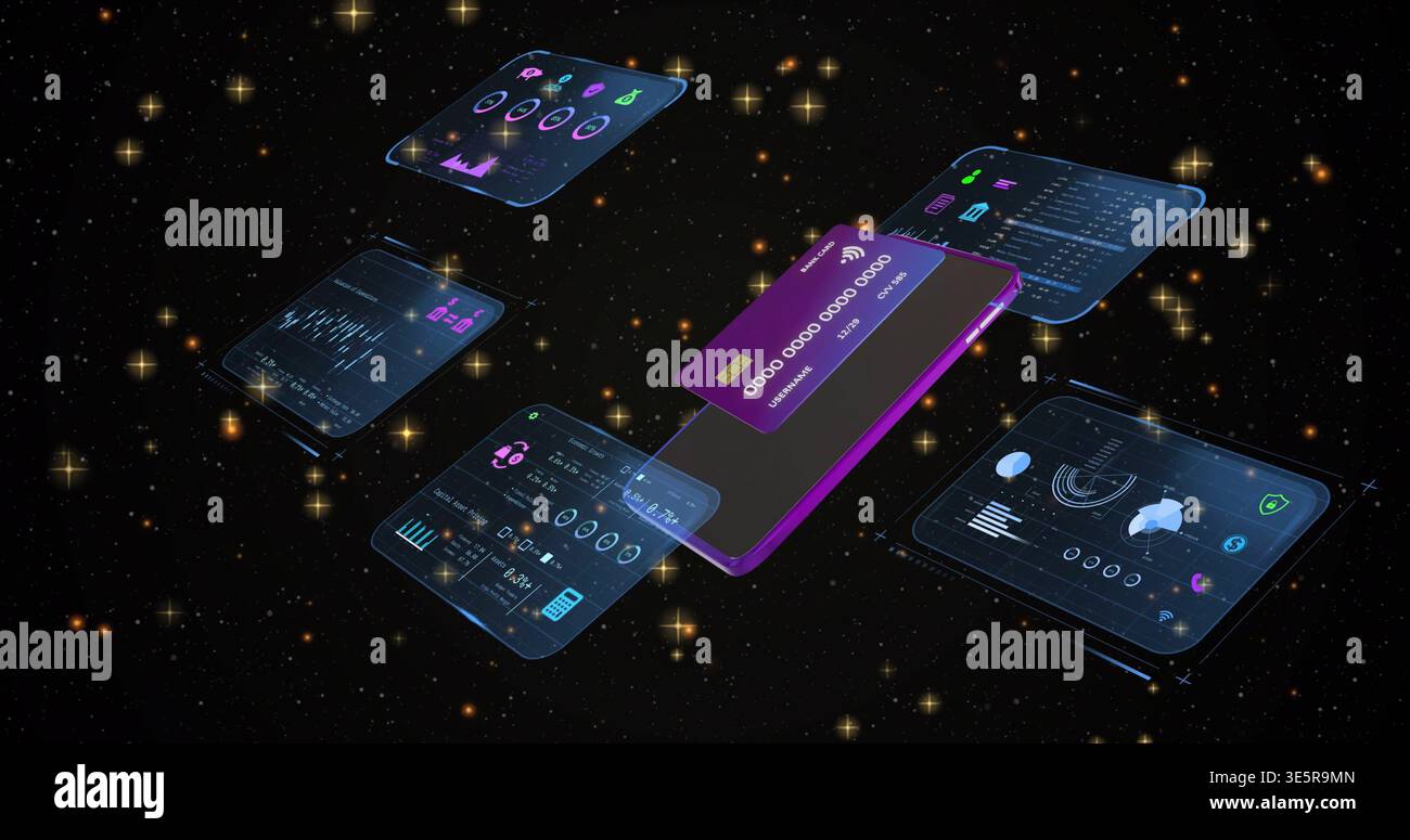 Smartphone viola galleggiante con scheda NFC collegata ai riquadri dell'interfaccia utente holo in starfield che mostra le carte Foto Stock
