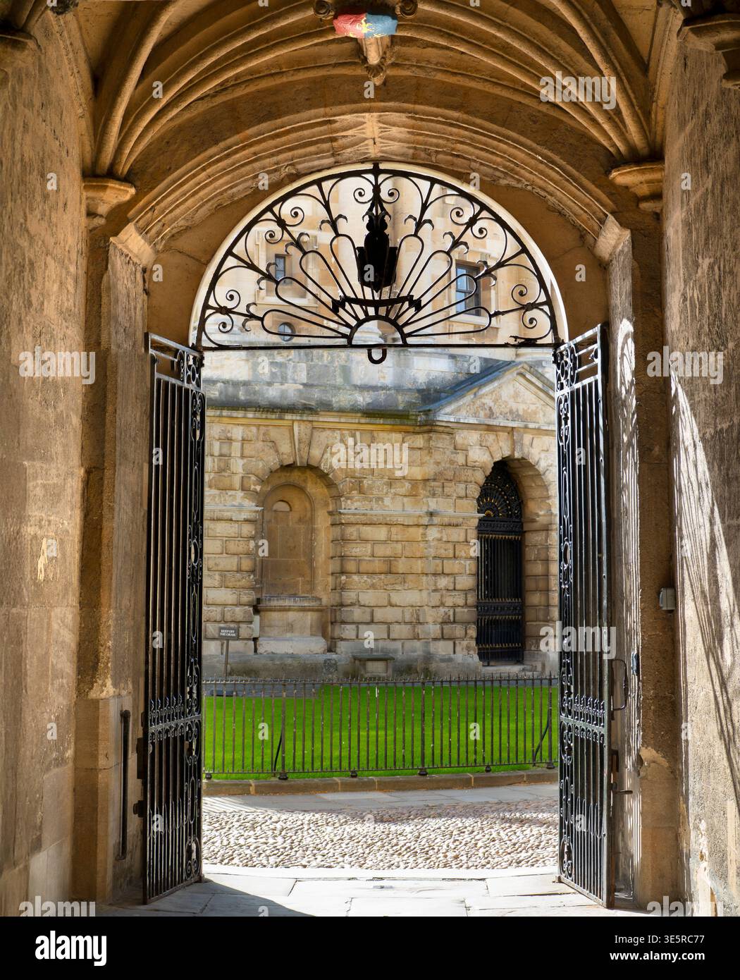 L'intima porta d'ingresso tra due dei monumenti storici più importanti di Oxford: La Bodleian Library e Radcliffe Square. La Bodleian Library, la principale biblioteca di ricerca dell'Università di Oxford, è una delle più antiche biblioteche d'Europa. Con oltre 12 milioni di oggetti, è la seconda biblioteca più grande in Gran Bretagna dopo la British Library. Radcliffe Square, con la famosa Radcliffe camera al centro, è fiancheggiata da All Souls e Brasenose Colleges, nonché dalla chiesa di Santa Maria. Foto Stock