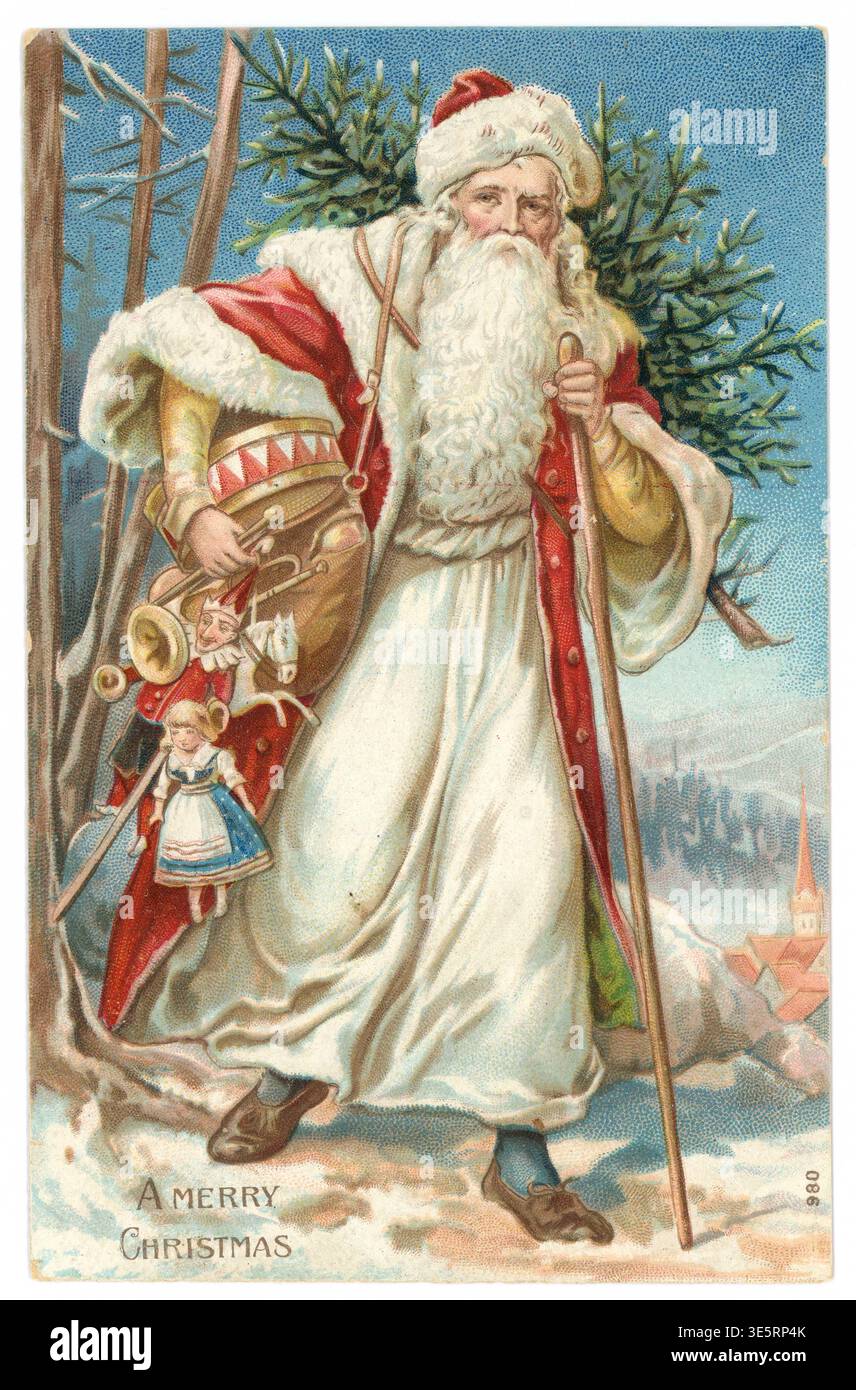 Cartolina natalizia vittoriana anni '1900 tradizionale Babbo Natale anni '1900, albero di Natale, giocattoli per bambini vecchio stile regali circa 1907 Regno Unito Foto Stock