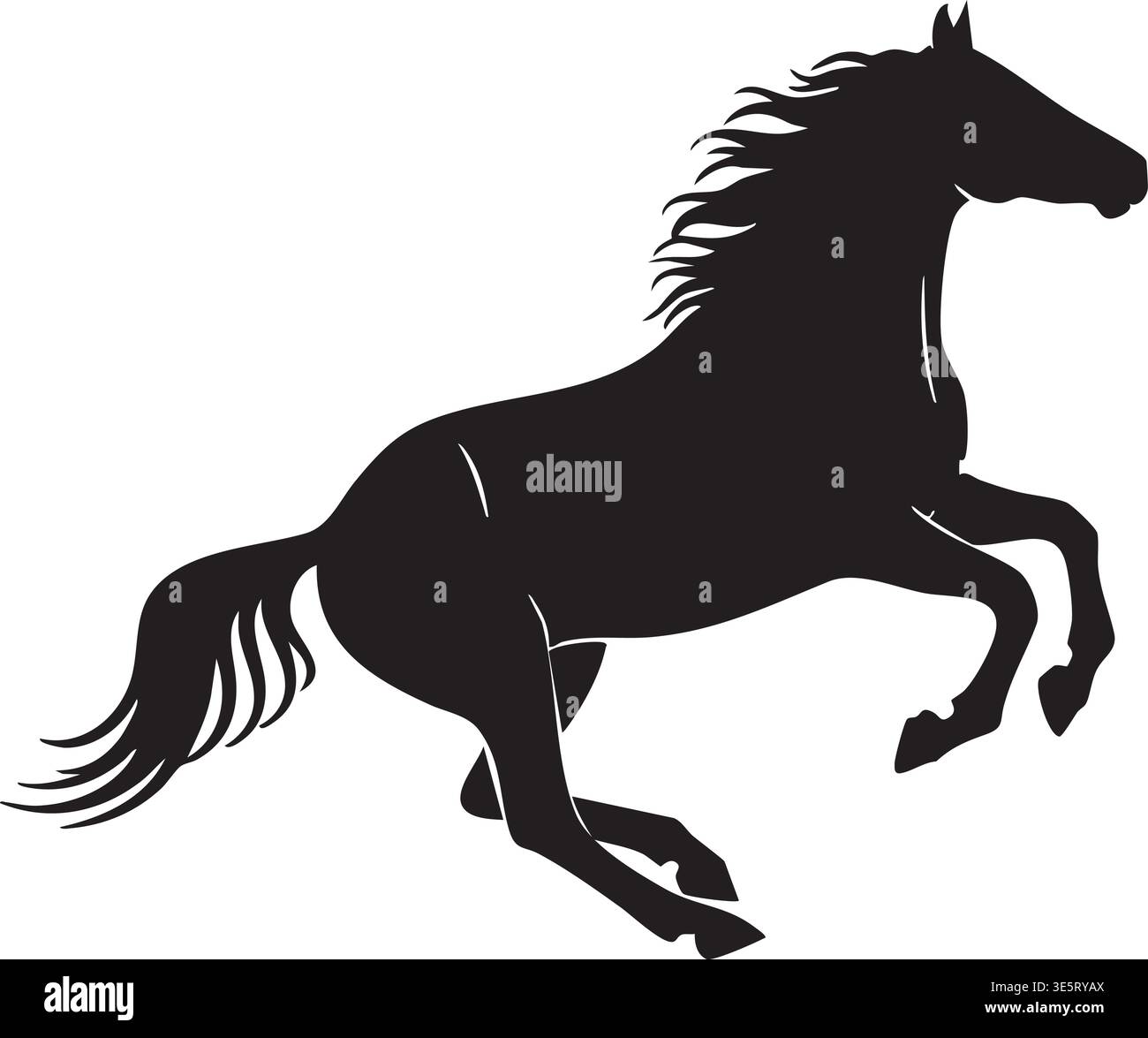 Silhouette nera dinamica di un cavallo al galoppo con la sua criniera e la coda che scorre, isolata su uno sfondo bianco pulito. Illustrazione Vettoriale