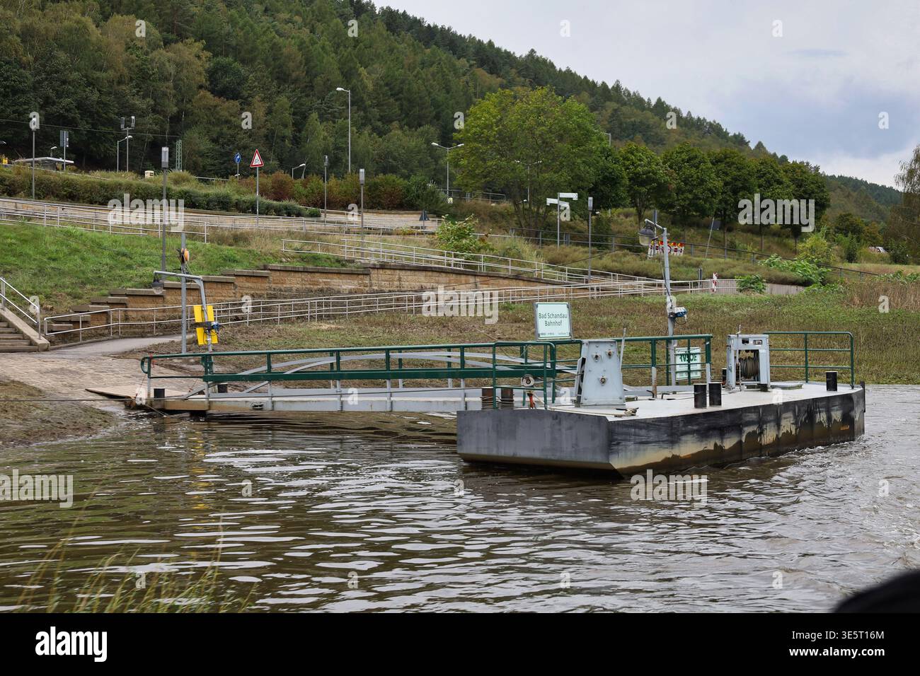 Fähranleger am Bahnhof Bad Schandau: Schwimde Anlegestelle der Elbfähre mit Gangway vor dem bewaldeten Elbufer in der Sächsischen Schweiz Foto Stock