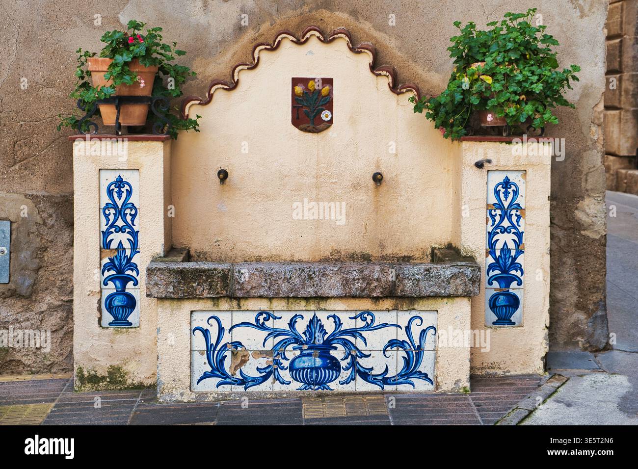 Vecchia fontana del villaggio, ben utilizzata, decorata con pannelli di ceramica blu e piante in vaso, nella città spagnola di Tivissa, in Catalogna Foto Stock
