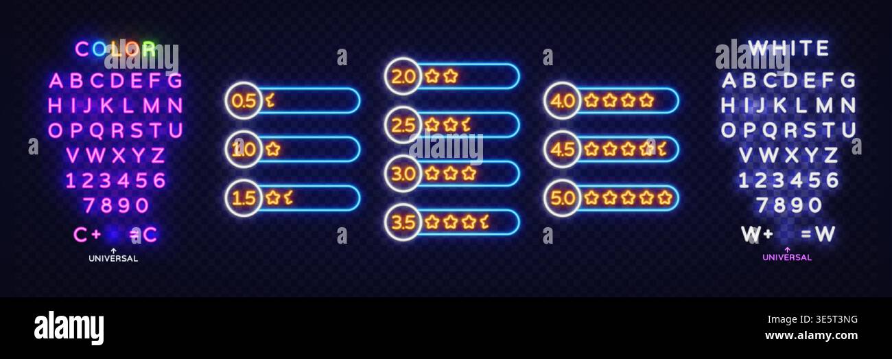 Scala di valutazione al neon con numeri e stelle brillanti nelle bolle della chat. Icone di valutazione luminose dal punteggio basso a quello completo su sfondo murato scuro Illustrazione Vettoriale