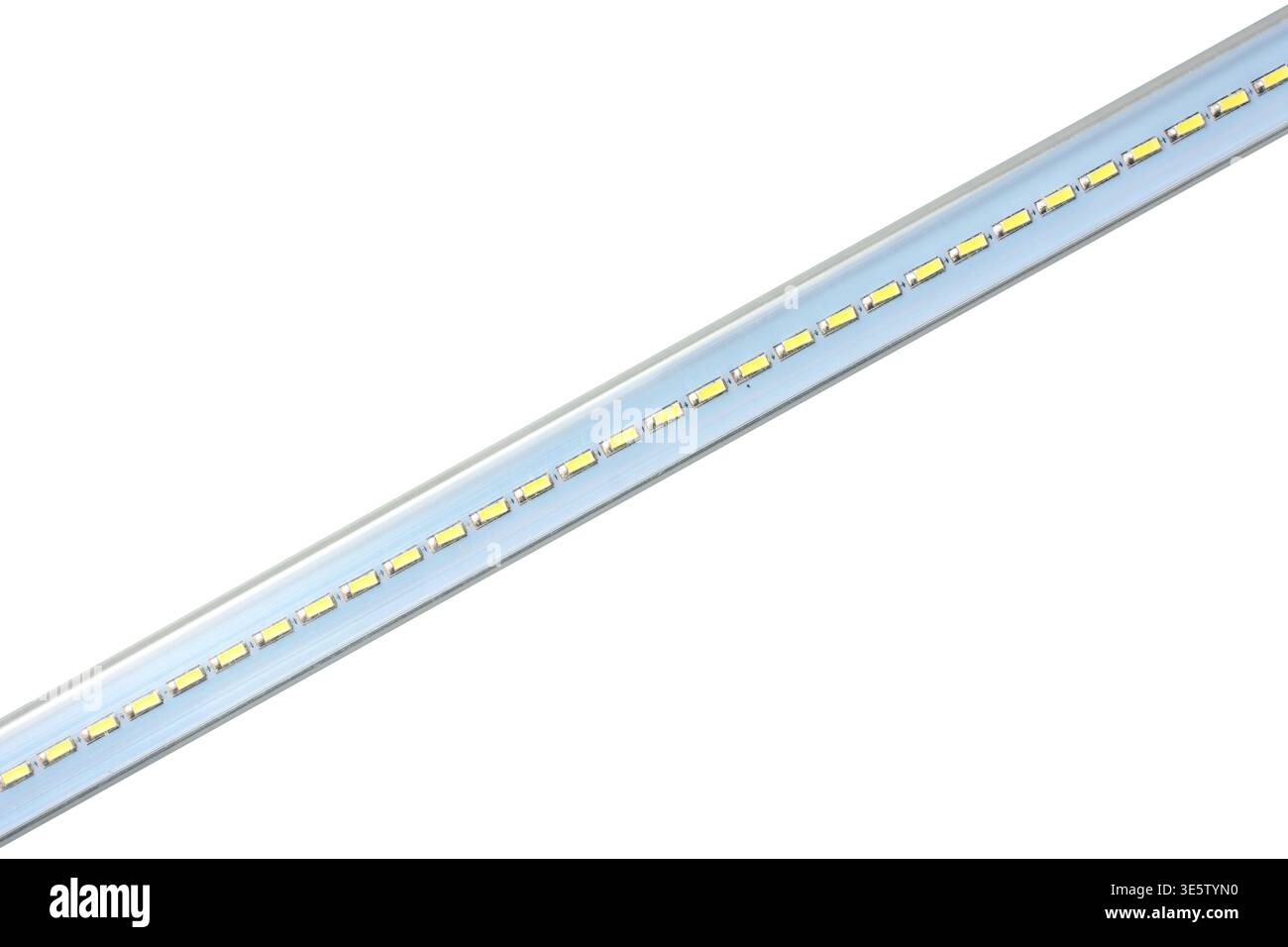 striscia luminosa a led con sfondo bianco isolato, dettagli hardware dei diodi a emissione luminosa a montaggio superficiale Foto Stock