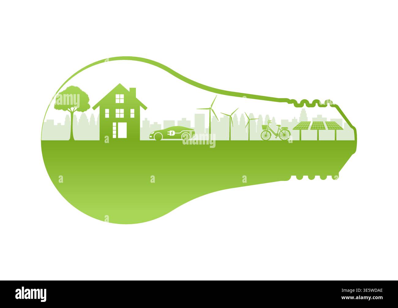 Lampadina verde City in Light. Risparmio di elettricità ed energia. Energia verde o energia rinnovabile. Concetto ecologico. Illustrazione Vettoriale
