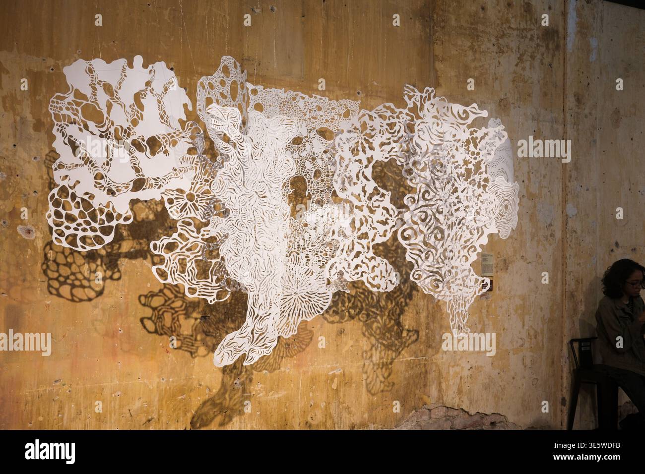 La fessura bianca astratta adorna le pareti ruvide e intemperie. Le macchie scure contrastano con delicati motivi simili a merletti. La persona siede nelle vicinanze, parzialmente nell'ombra, Foto Stock