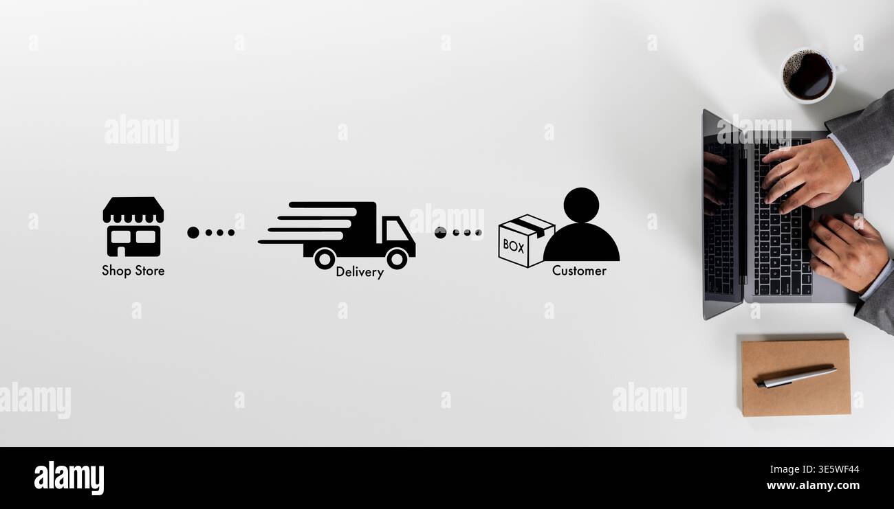 Interfaccia per il monitoraggio delle spedizioni e delle consegne su computer portatile con flusso di ordini chiaro, ideale per la pubblicità di servizi di corriere, banner di e-commerce e informazioni sullo stato dei pacchi Foto Stock