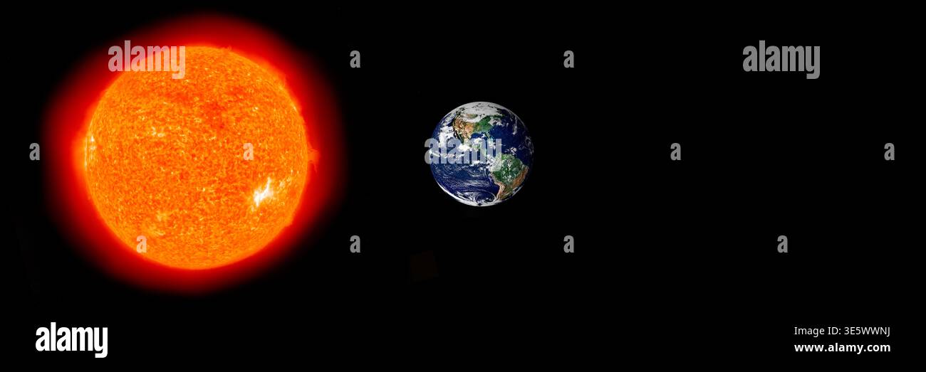Globo solare e terrestre isolato su sfondo nero, intestazione del design del banner. Foto Stock