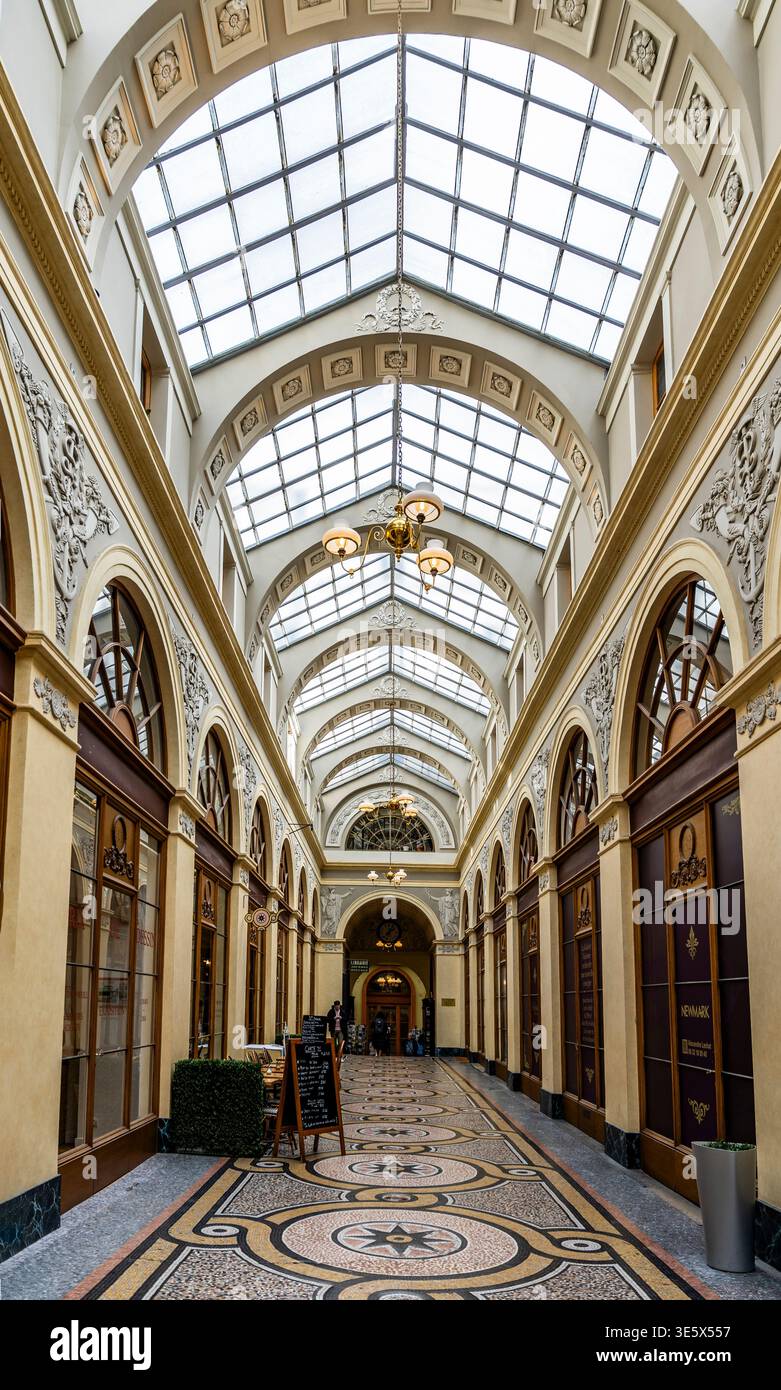 Eleganti interni della Galerie Vivienne con alto tetto in vetro, pavimenti decorati a mosaico e colonne neoclassiche, a Parigi, Francia Foto Stock