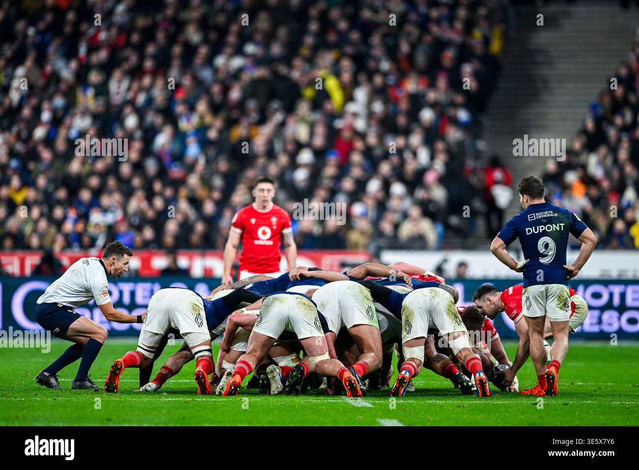 2025 Six Nations Tournament, 31 gennaio 2025: Partita tra Francia e Galles allo stadio nazionale "Stade de France". Fase Scrum con Antoine Dupo Foto Stock