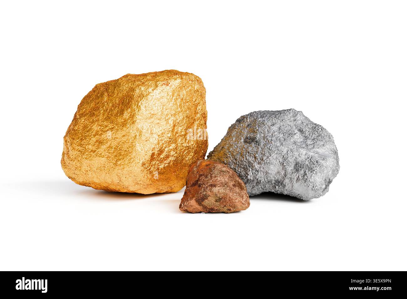 Nuggets in oro, argento e rame isolati su sfondo bianco. Preziosi metalli. Foto di alta qualità Foto Stock