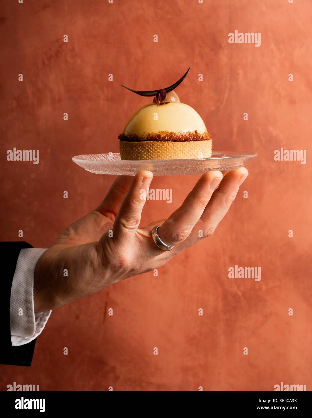 cameriere che tiene un piatto con una torta artigianale in un ristorante Foto Stock