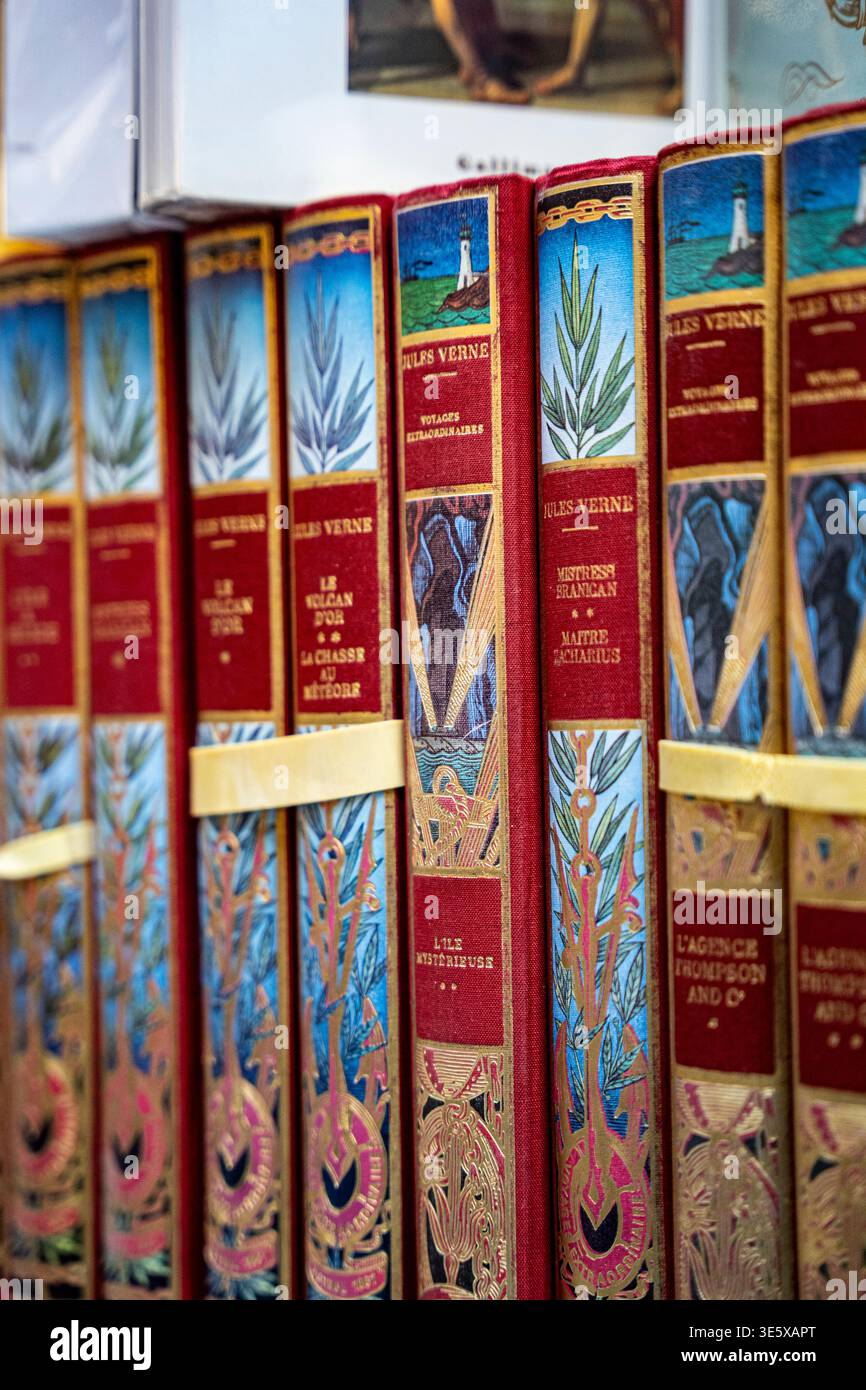Uno scaffale in legno foderato con edizioni rare e vintage dei classici di Jules Verne all'interno di una libreria antiquaria, a Parigi, Francia Foto Stock