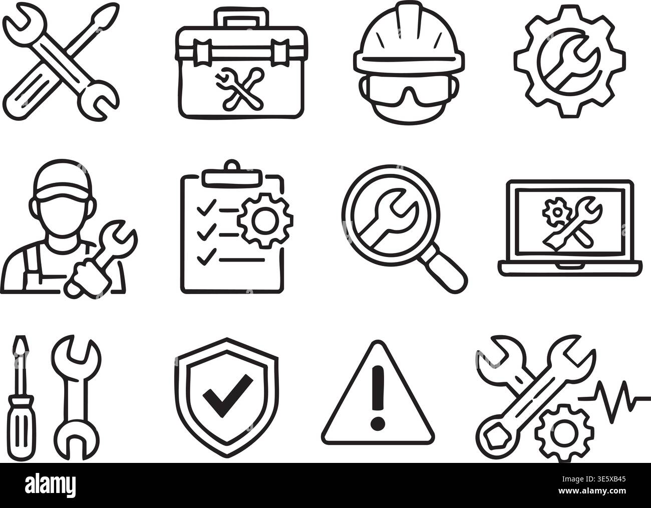 Set di icone della linea professionale tecnologia di manutenzione della riparazione creatività strumenti di assistenza aziendale apparecchiature elementi di progettazione web digitale Illustrazione Vettoriale