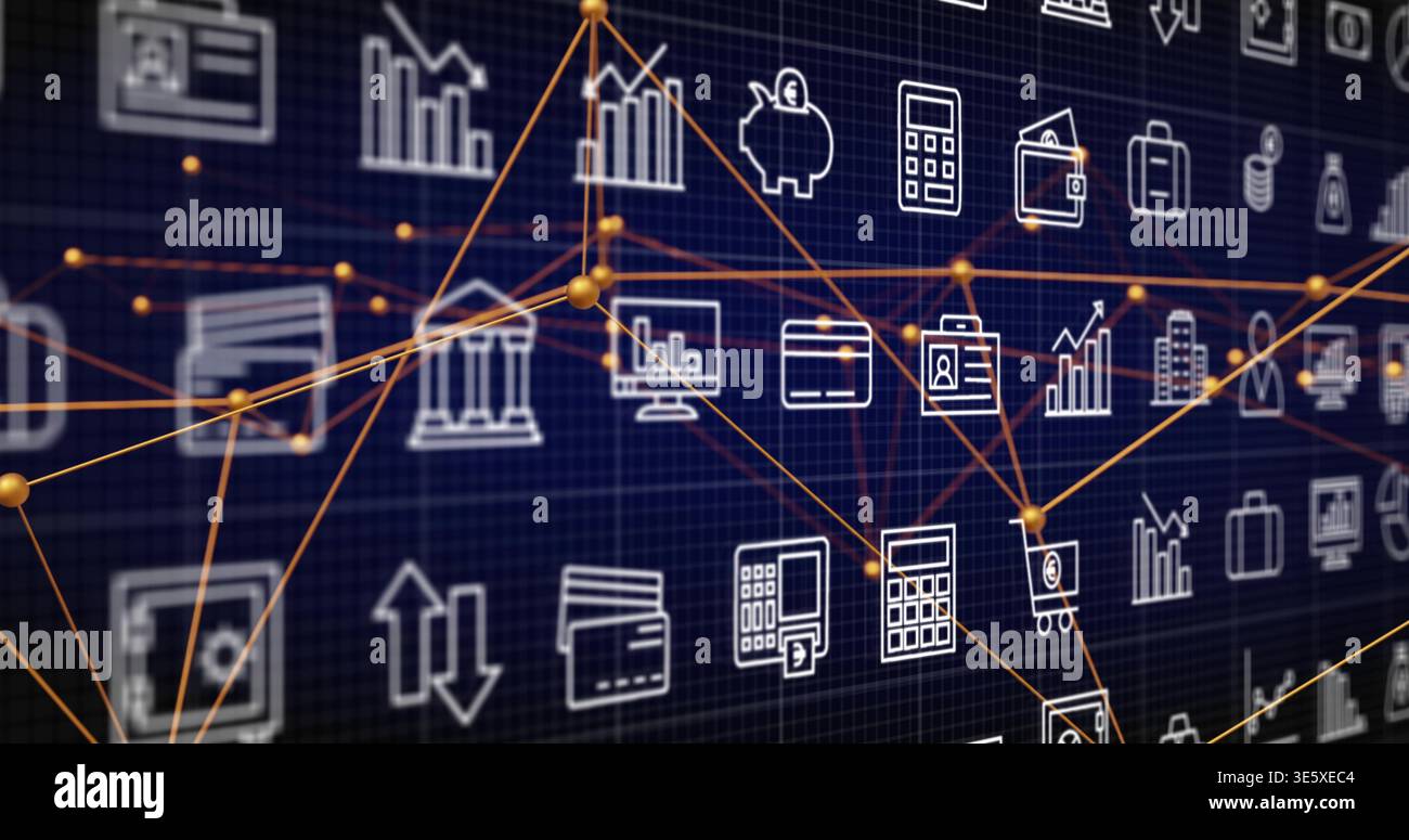 Collegamento di linee arancioni che si sovrappongono a righe di icone finanziarie bianche sul dashboard digitale, nodi dorati Foto Stock