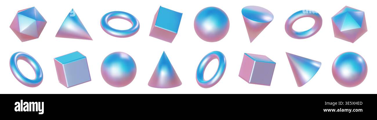 Rosa blu forma astratta, tonalità olografica 3d. Cubo sferico ad anello metallico, oggetto geometrico con rendering vettoriale a gradiente pastello. Cerchio iridescente lucido, cono y2k Illustrazione Vettoriale