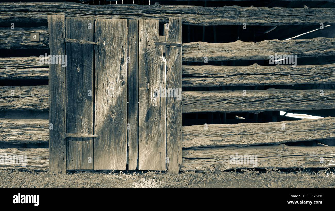 La porta in legno Vinatge e le tavole ampiamente distanziate definiscono il fienile vintage Foto Stock