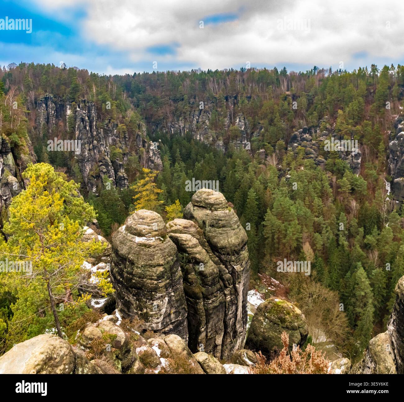 Splendida vista del bellissimo paesaggio di Bastei con torreggianti scogliere di arenaria, stretti aghi di roccia e profonde gole scavate nell'altopiano boscoso di... Foto Stock