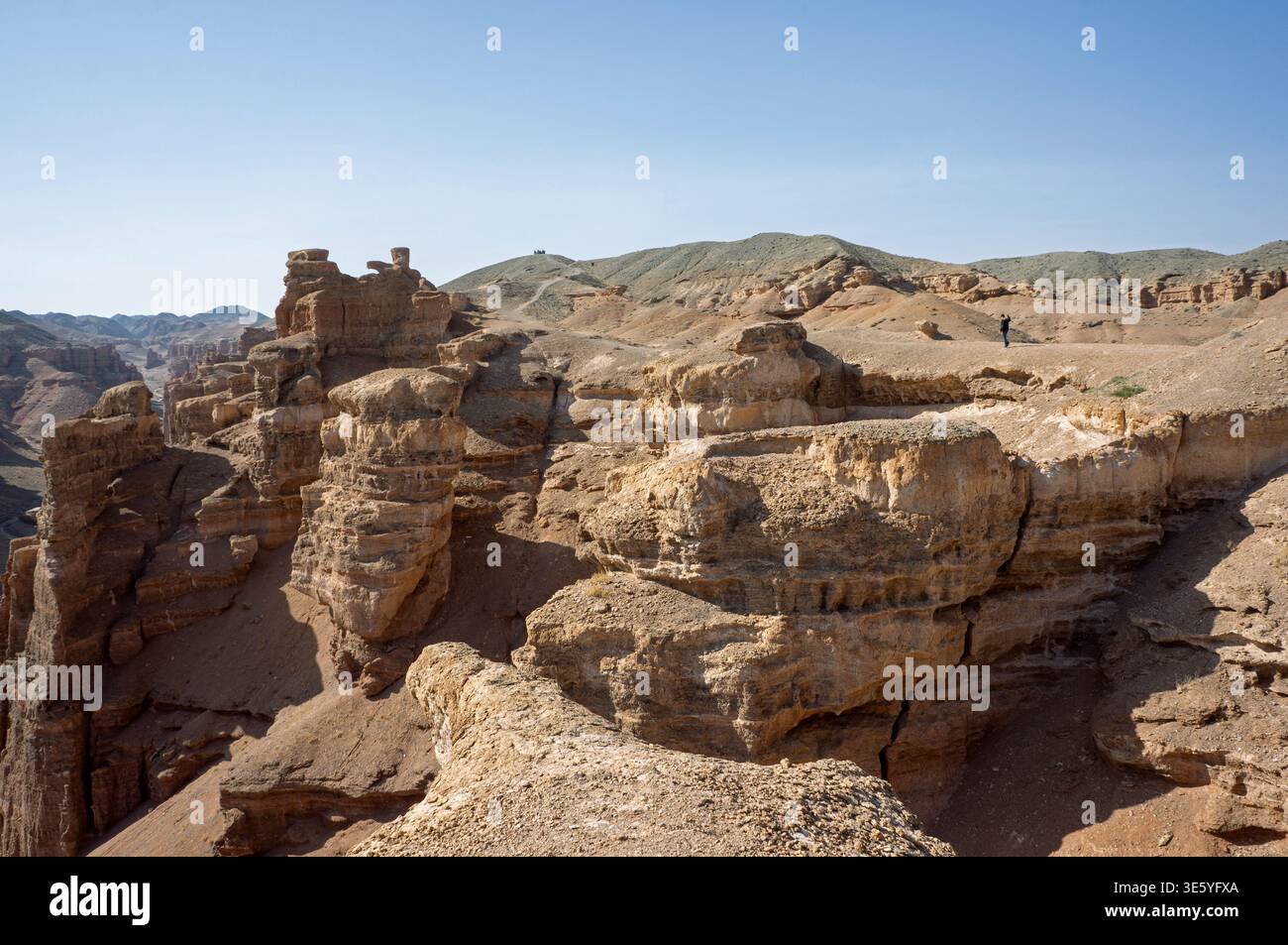 Paesaggio panoramico delle antiche formazioni rocciose a strati e delle creste del deserto che si affacciano sulla profonda gola del Charyn Canyon in Kazakistan Foto Stock