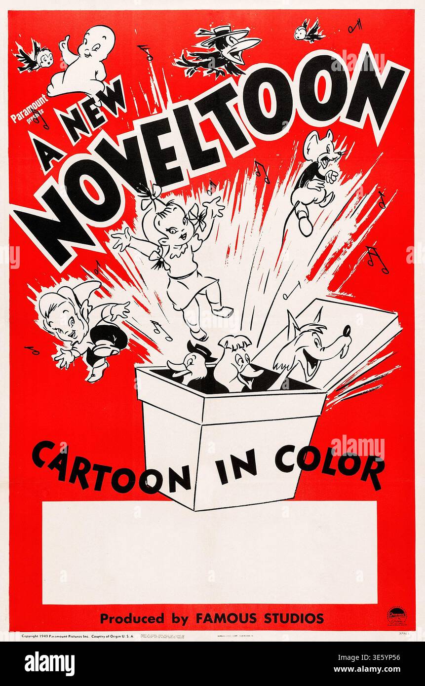 Questo poster promozionale del 1949 per "A New Noveltoon" della Paramount Pictures and Famous Studios presenta una serie di personaggi animati, tra cui Casper the Friendly Ghost e altre figure di animali, che emergono entusiasticamente da una scatola. Il vivace design rosso e bianco mette in evidenza che questi shorts animati sono presentati "a colori", un punto di forza significativo per l'epoca. Foto Stock