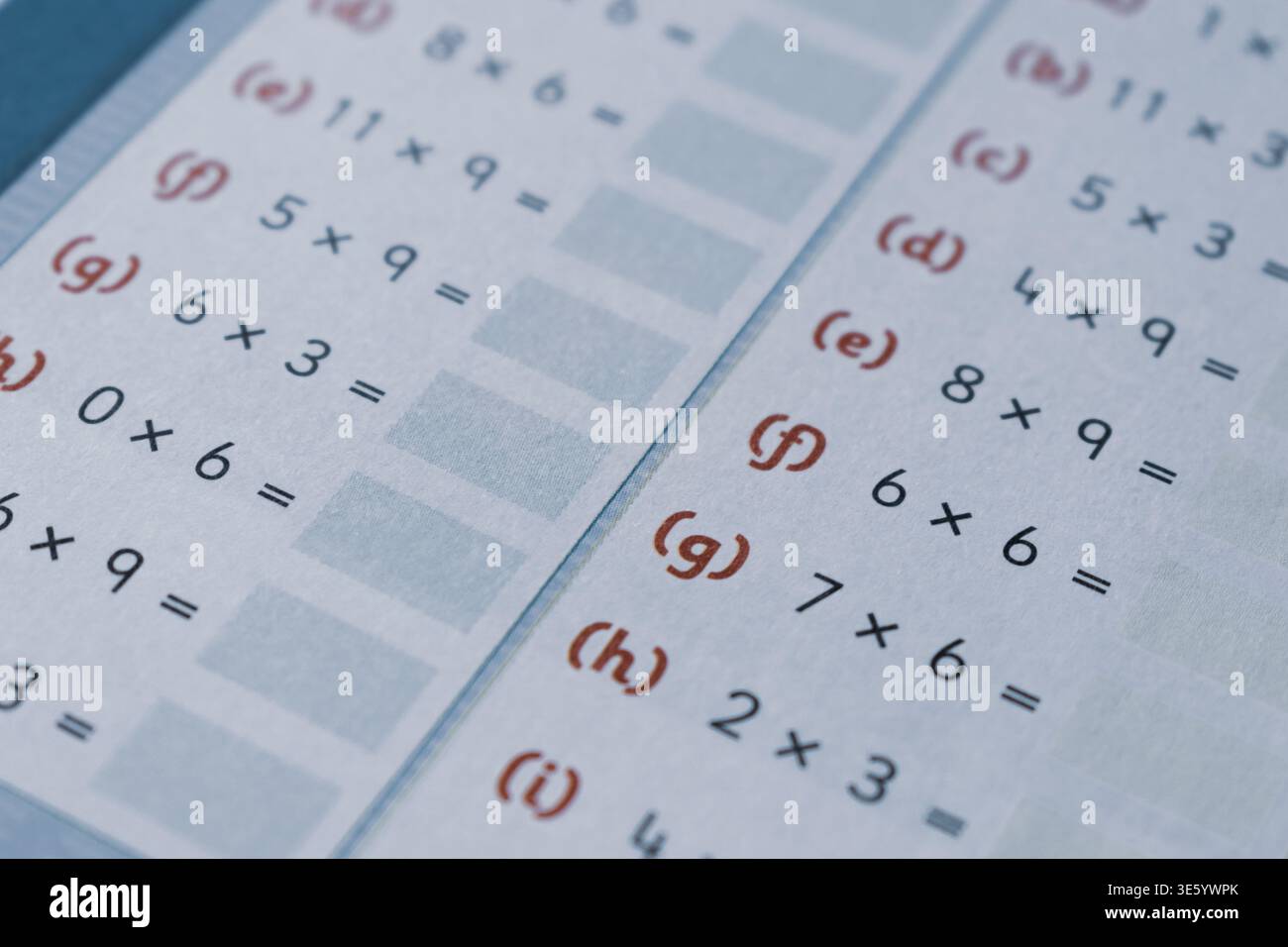Foglio di lavoro matematico con tabella di divisione, righe e colonne, vista ravvicinata. Foto Stock