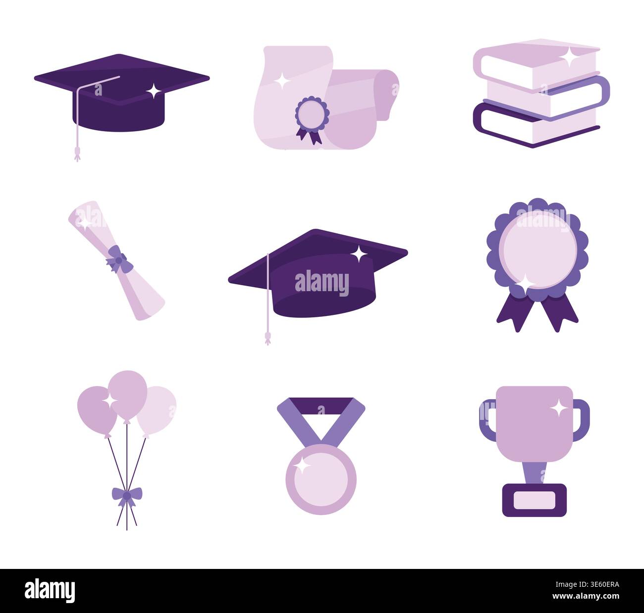 Set di nove simboli viola e lavanda con cappucci graduati, rotolo per diplomi e trofeo. set di elementi graduati. Illustrazione Vettoriale