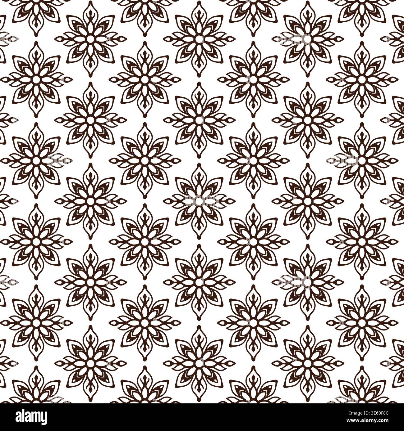 Motivo geometrico floreale senza cuciture con motivo Mandala ornamentale in marrone e bianco Illustrazione Vettoriale